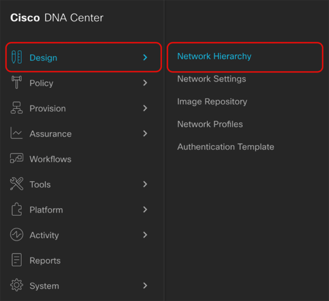 Location of Network Hierarchy from the hamburger menu