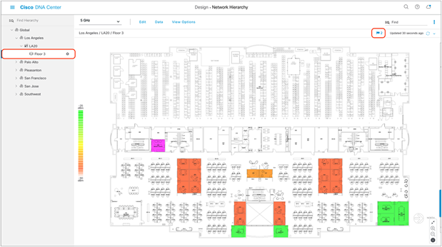 Network Hierarchy page, with two APs ready to be positioned on the floor map