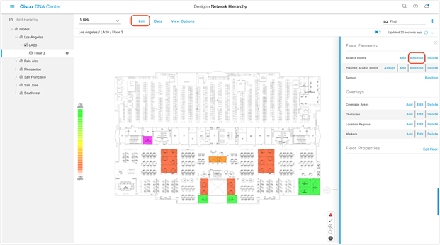 Network Hierarchy page showing Floor Elements menu