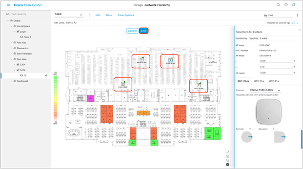 Network Hierarchy page with APs placed on the floor map