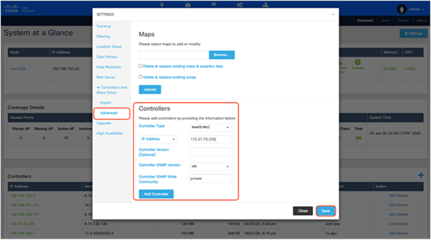 CMX Add Controller Settings modal box