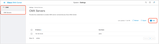 Location of CMX Servers within the Settings page