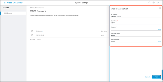 Providing CMX credentials to Cisco DNA Center during integration