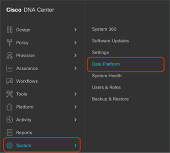 Location of Data Platform within the hamburger menu