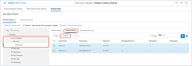 Selecting and enabling APs from the Specific – select specific APs and enable or disable section