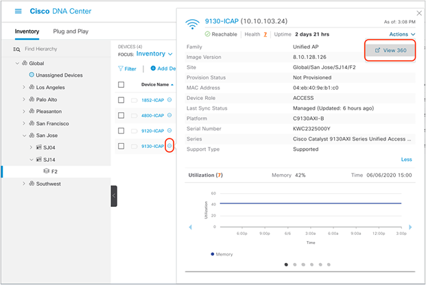 How to enter the access point Device 360 page from Inventory