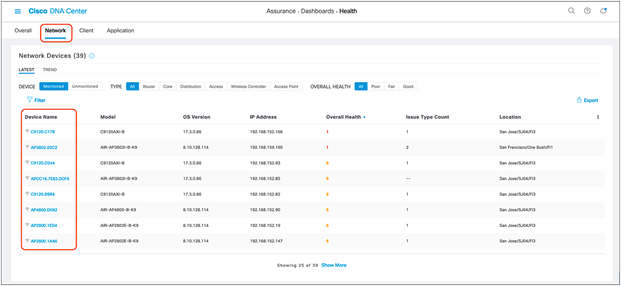 Navigating to the Device 360 page through the Network Health page