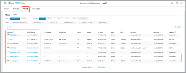 Location of the client devices table on the Client Health page