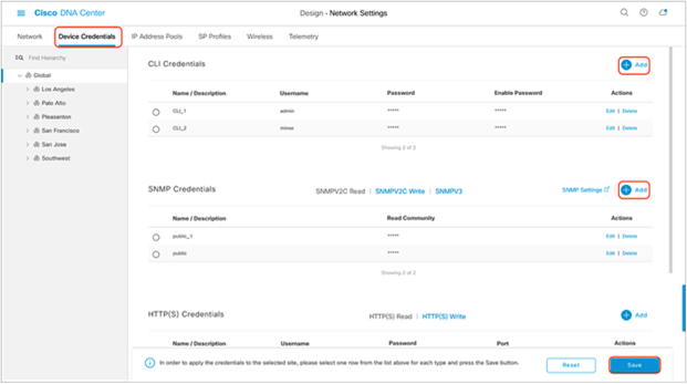 Workflow to add device credentials to the network settings