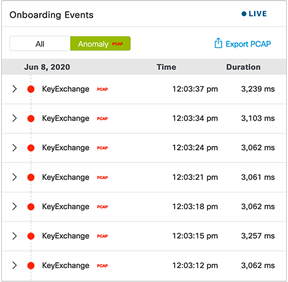 Filtering the Onboarding Events viewer to show only anomaly events with PCAPs