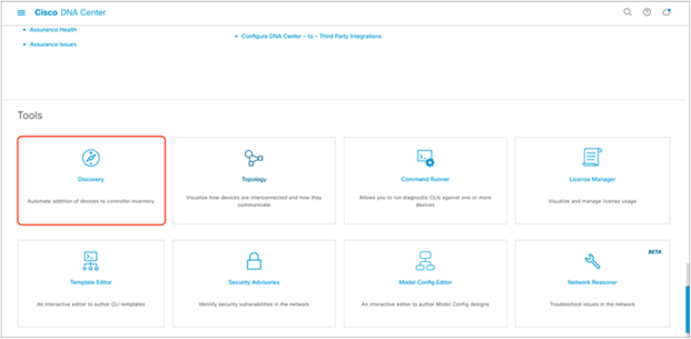 Location of Discovery button on Cisco DNA Center homepage