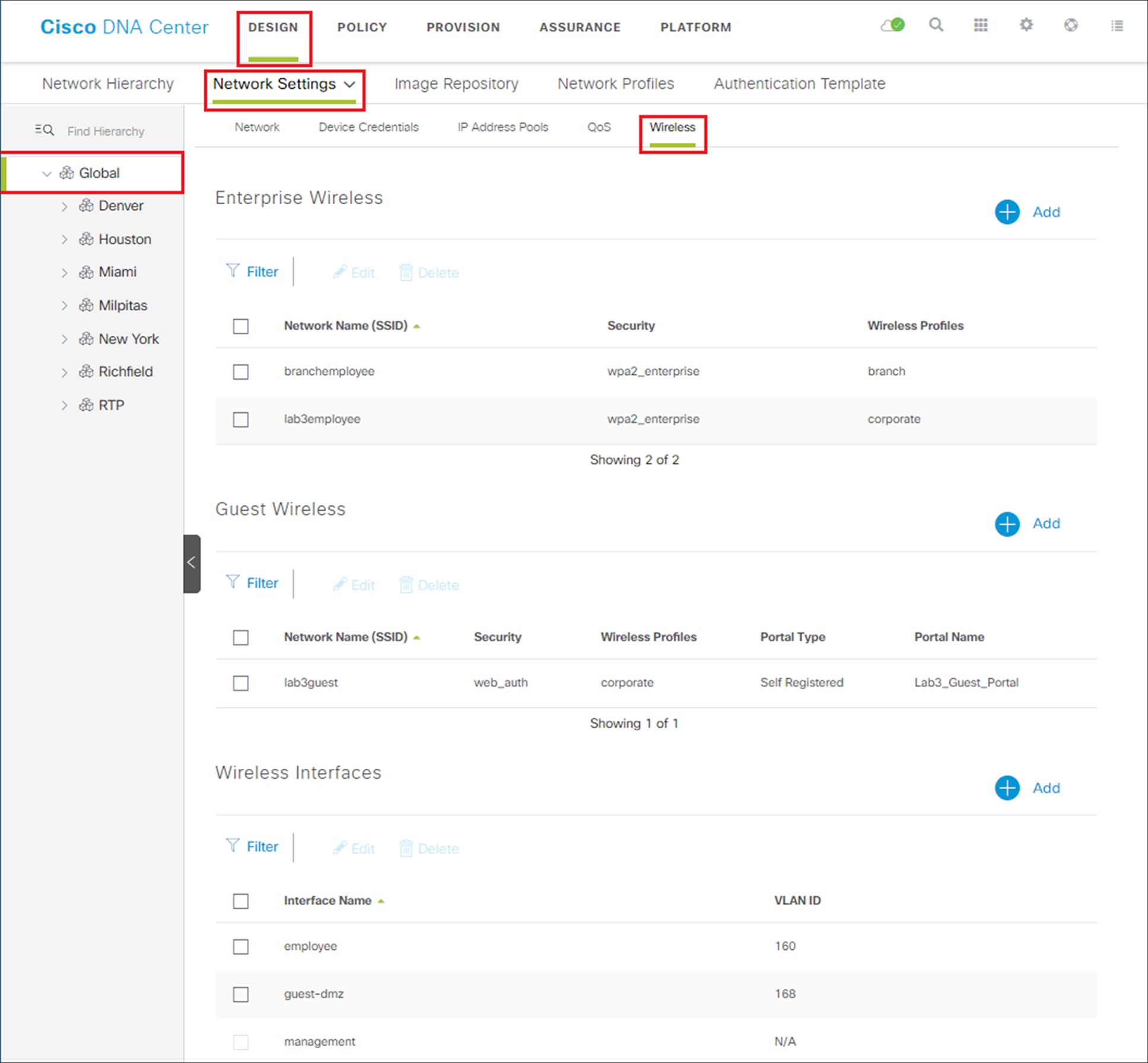 Wireless network settings dashboard