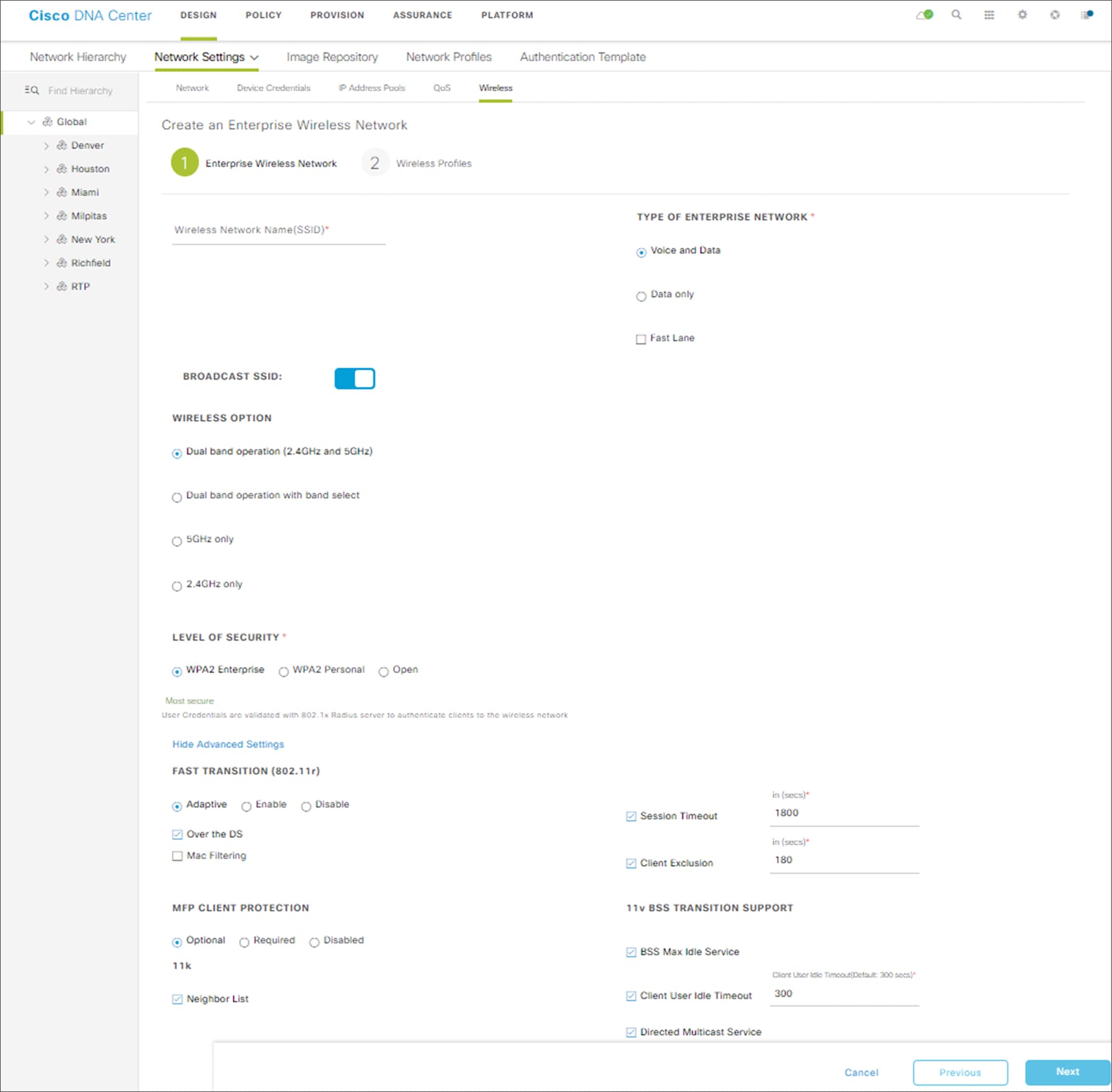 Create an Enterprise Wireless Network workflow step 1 create the SS
