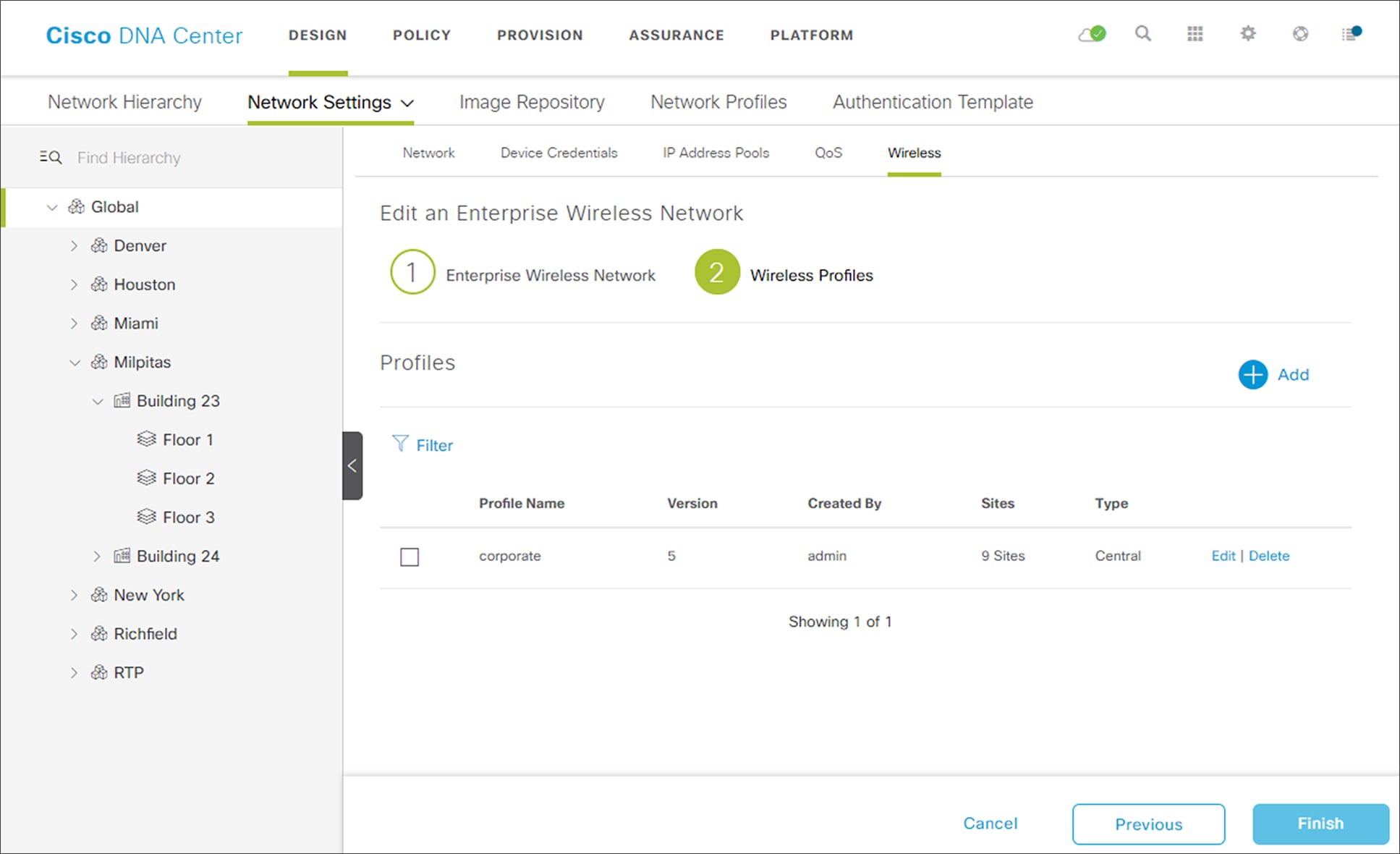 Create an Enterprise Wireless Network workflow - step 2 wireless profiles