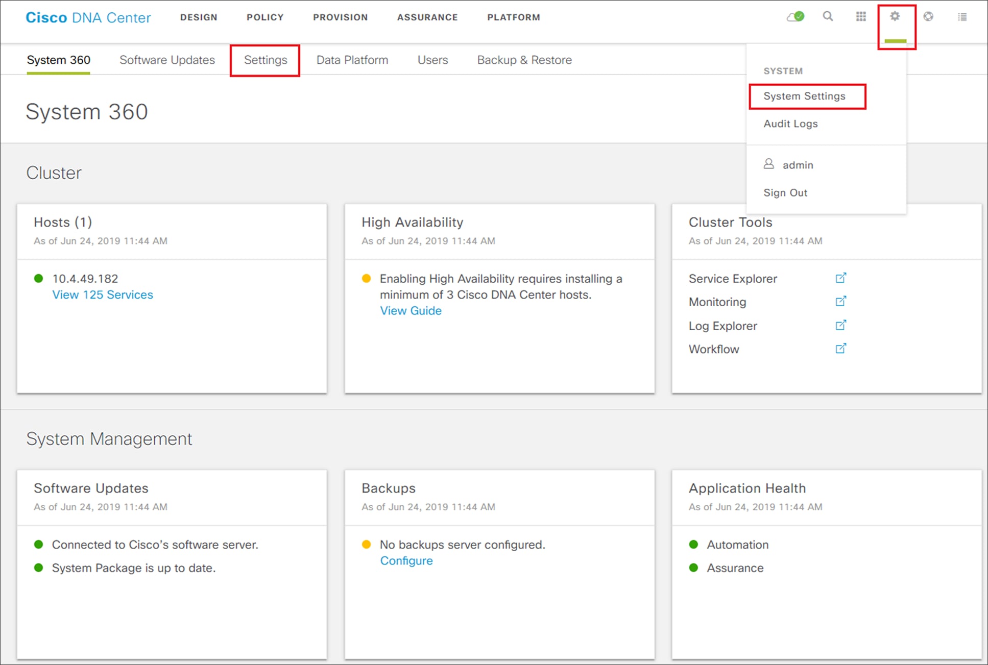 System Settings screen - System 360 tab