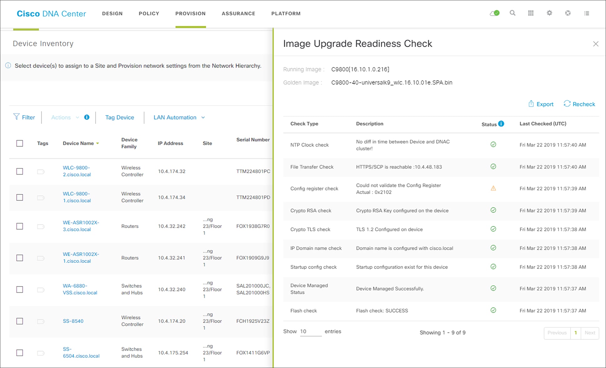 Image Upgrade Readiness Check panel