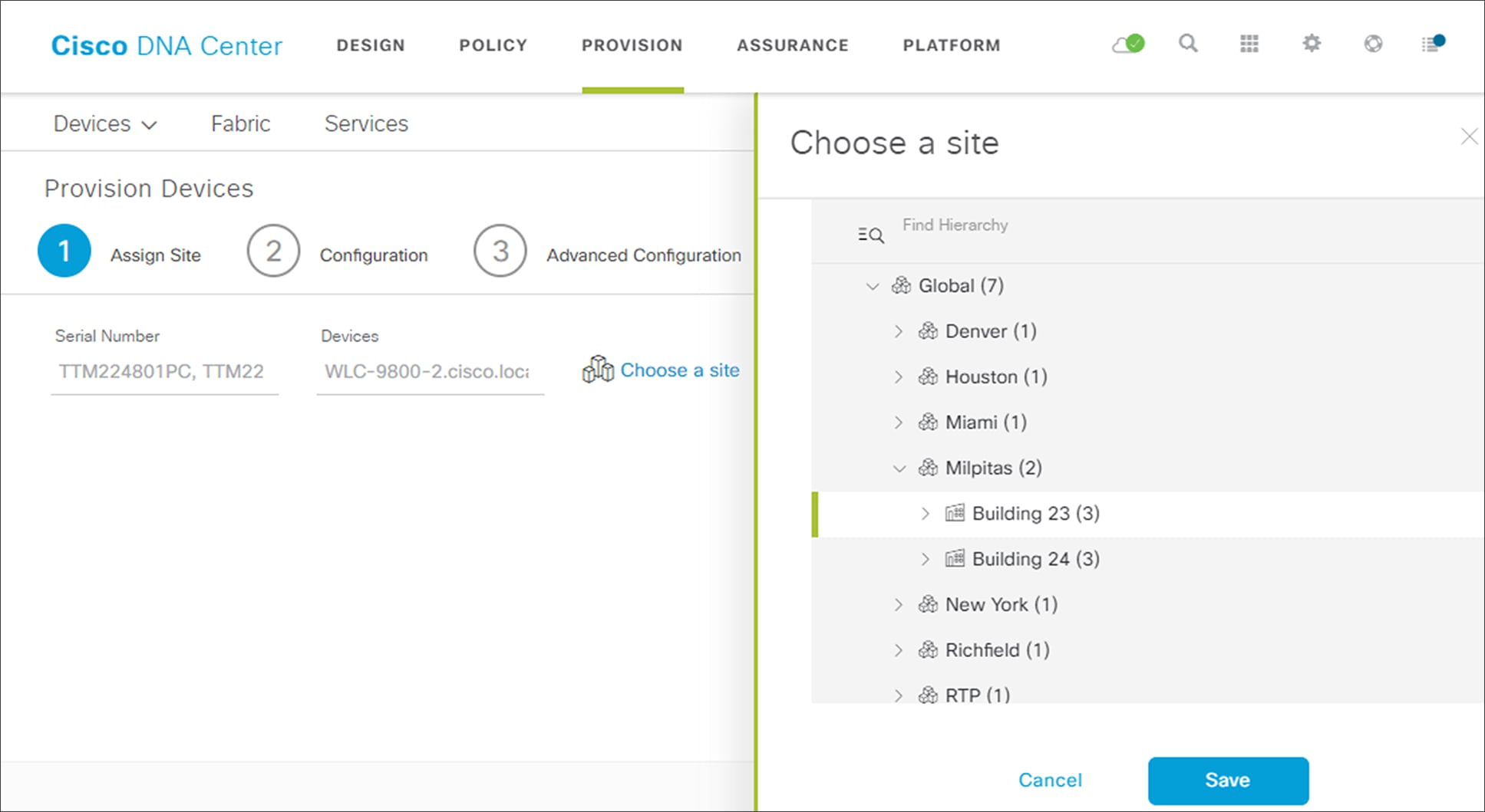 Enterprise WLC provisioning Step 1 - Assign Site