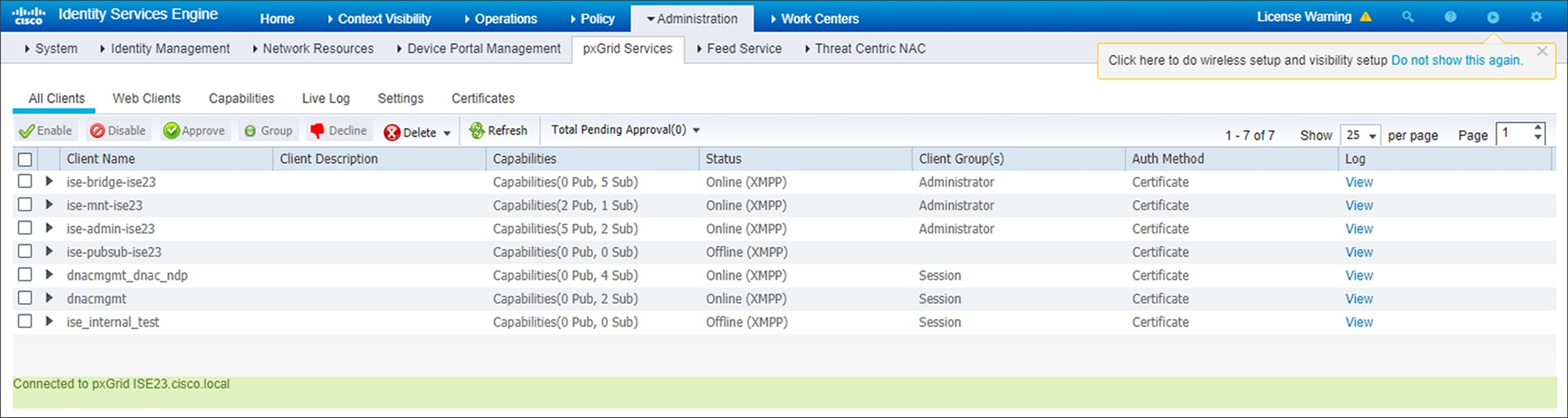 ISE PxGrid Services screen
