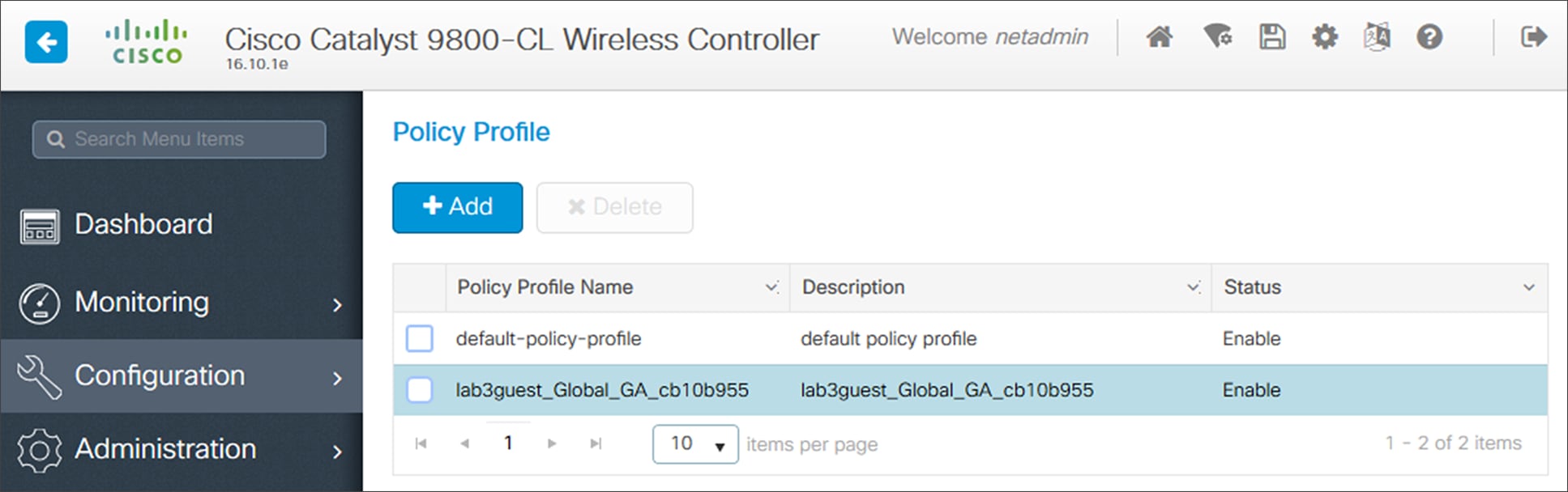 Example of Catalyst 9800-CL Policy Profile created by Cisco DNA Center