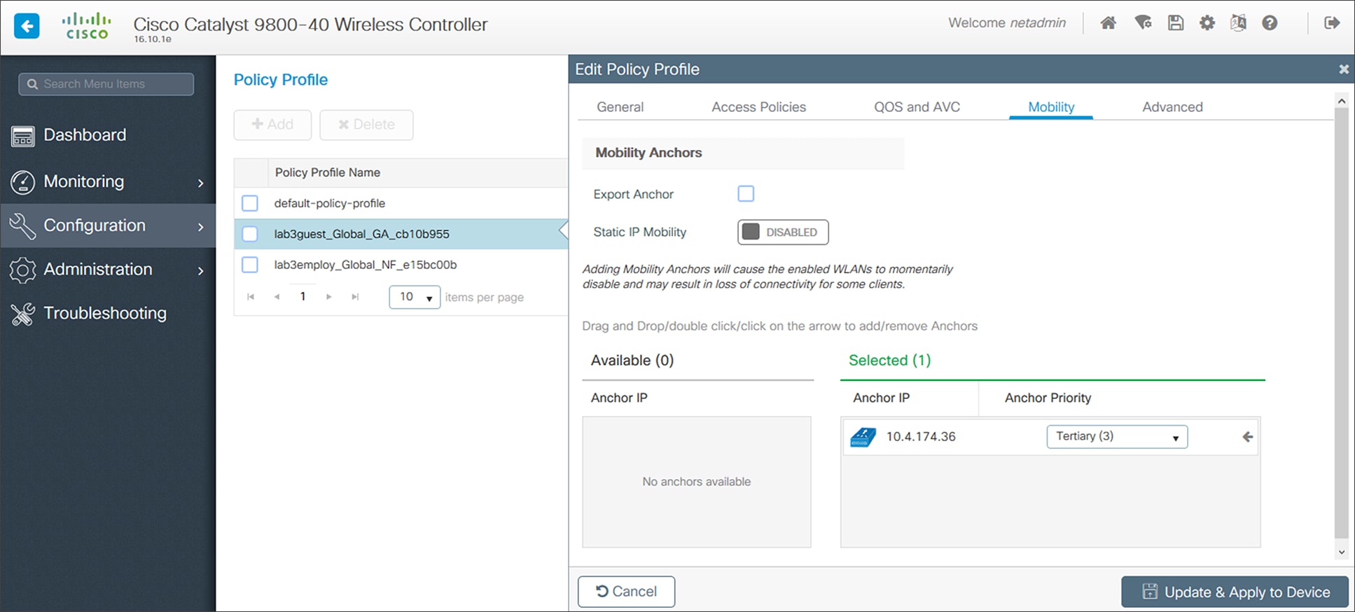Foreign controller (WLC-9800-2) guest policy profile with mobility settings