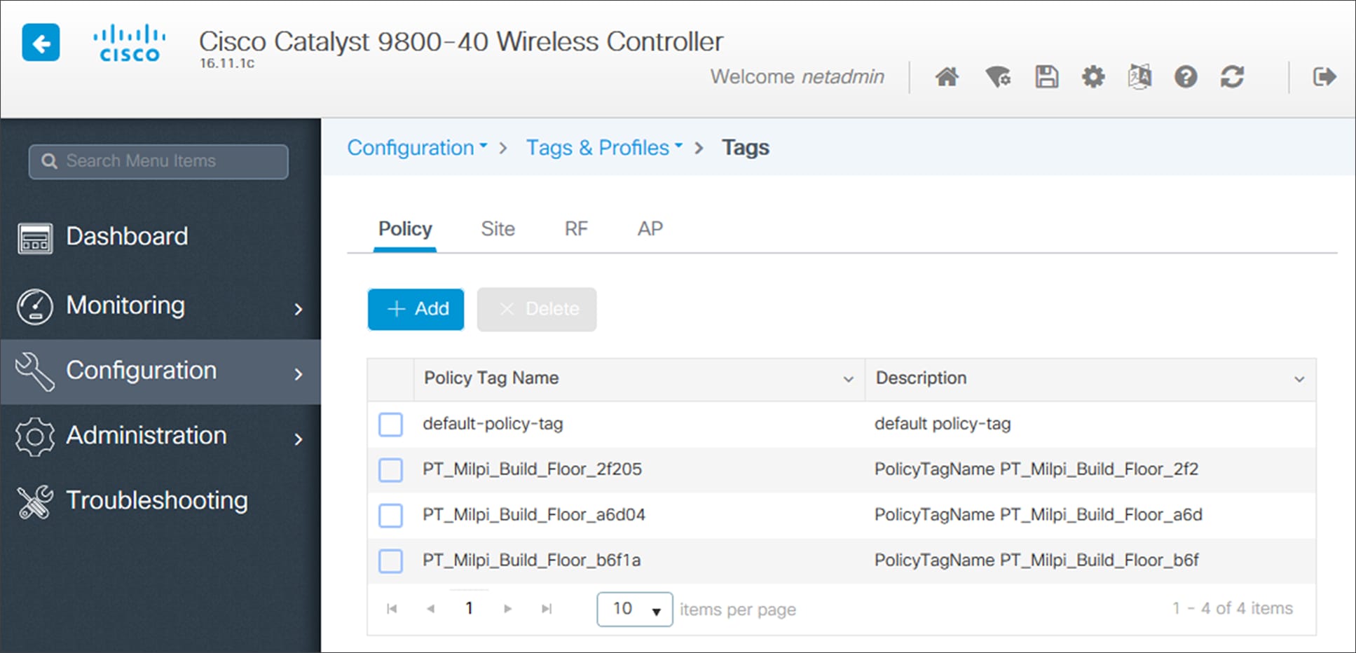 Policy Tags created by Cisco DNA Center within the Catalyst 9800-40 enterprise WLC