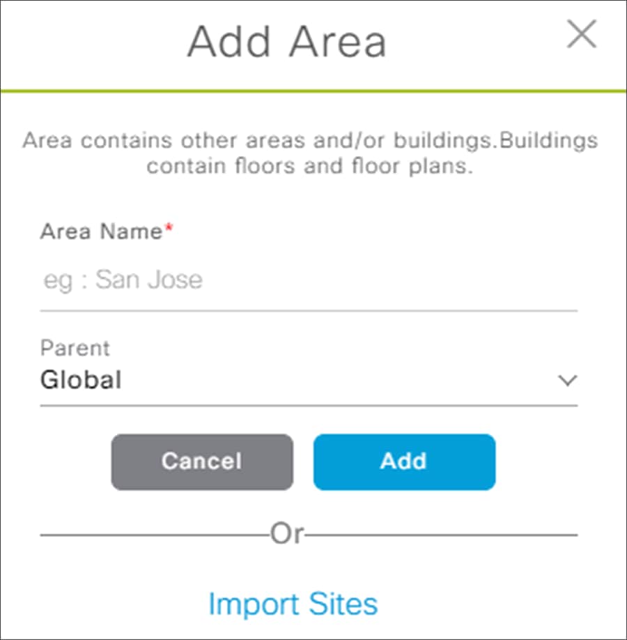 Add Area pop-up window