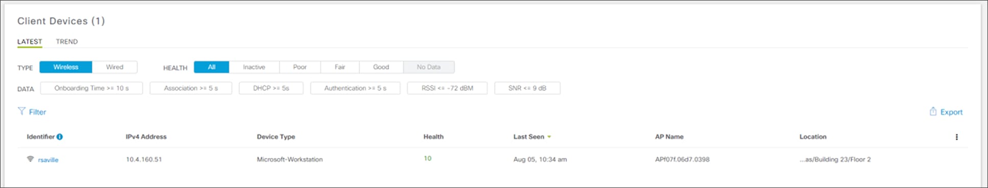 Client Health dashboard bottom panel