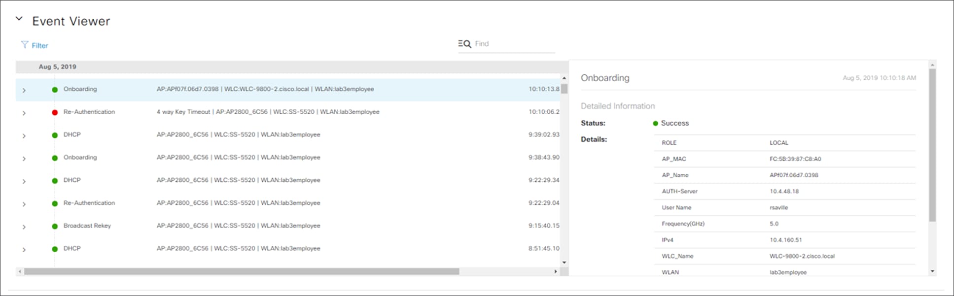 Client 360 dashboard - Event Viewer panel