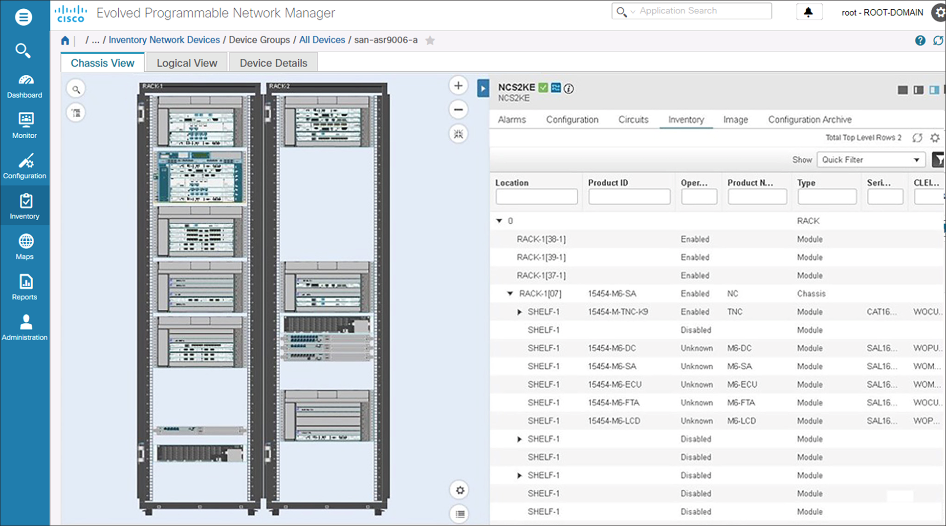 Cisco EPN Manager chassis view for multichassis shelf view (available for the NCS 2000 family of devices)