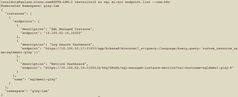 > az sql mi-arc endpoint list --use-k8s