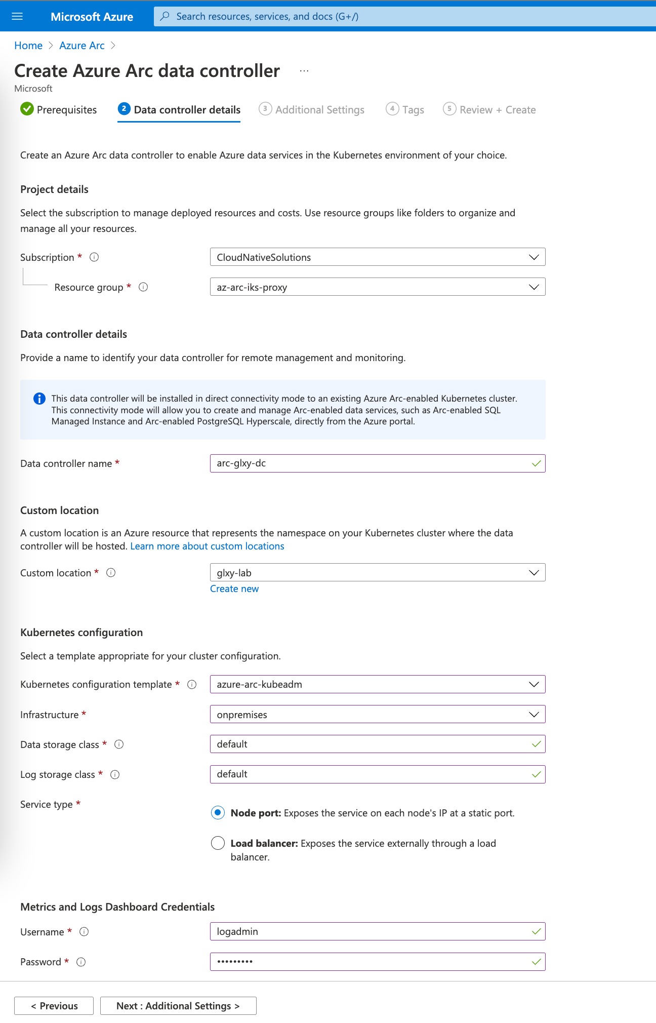 Service type and enter Metrics and Logs dashboard