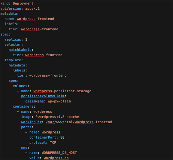 YAML description of Wordpress frontend deployment and Wordpress DB service