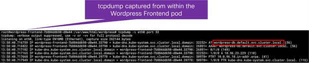 tcpdump from within the Wordpress frontend pod showing the DNS requests for the wordpress-db service