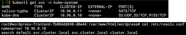 Output from within the Wordpress frontend pod showing the configured nameserver as the kube-dns service