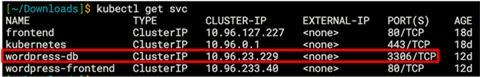 Output from the kubectl get service command showing the wordpress-db port