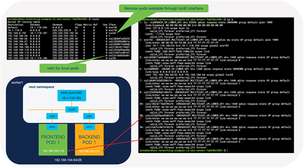 The interfaces and routes configured on the worker1 node