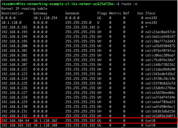 Output from the routing table on worker 2 indicating the traffic for worker 1 should use the tunl0 interface