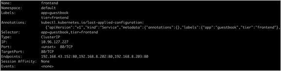 Output from the kubectl get describe service frontend command