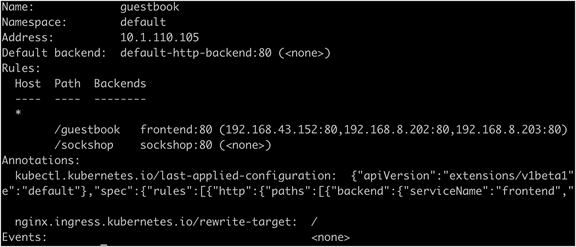 Output from the kubectl describe ingress guestbook command