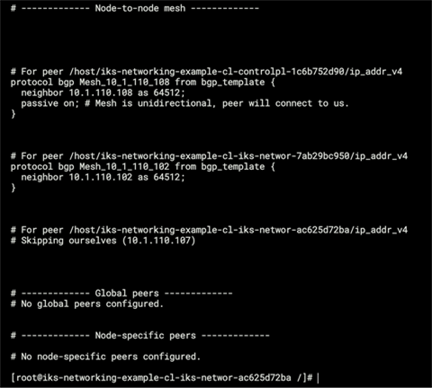 Output from /etc/calico/confd/config/bird.cfg in one of the calico-node pods showing the BGP configuration which was automatically created by BIRD