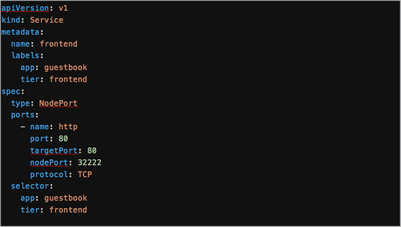 YAML definition for the guestbook frontend service when using a NodePort