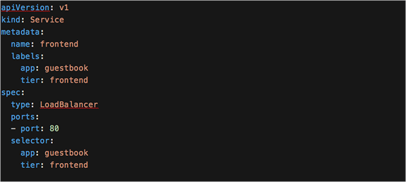 YAML definition for the guestbook frontend service when using a LoadBalancer