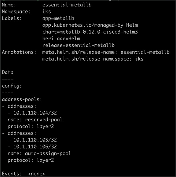 Output of the kubectl describe configmap essential-metallb