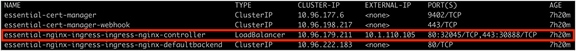 The output of the kubectl get services -n iks command showing the NGINX ingress controller service (LoadBalancer)