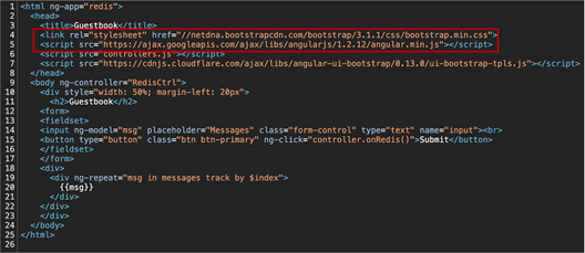 Source code for the guestbook index.html file showing the use of a CDN for the bootstrap CSS file