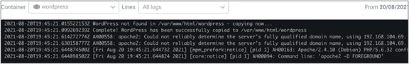 Log files from the initial Wordpress deployment showing the Wordpress files are copied to the new subdirectory