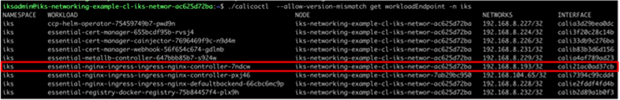 Output from calicoctl tool showing Kubernetes pod, node, and veth mapping