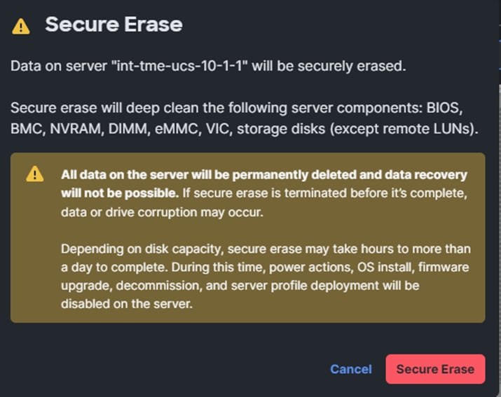 The Server Secure Erase warning message.