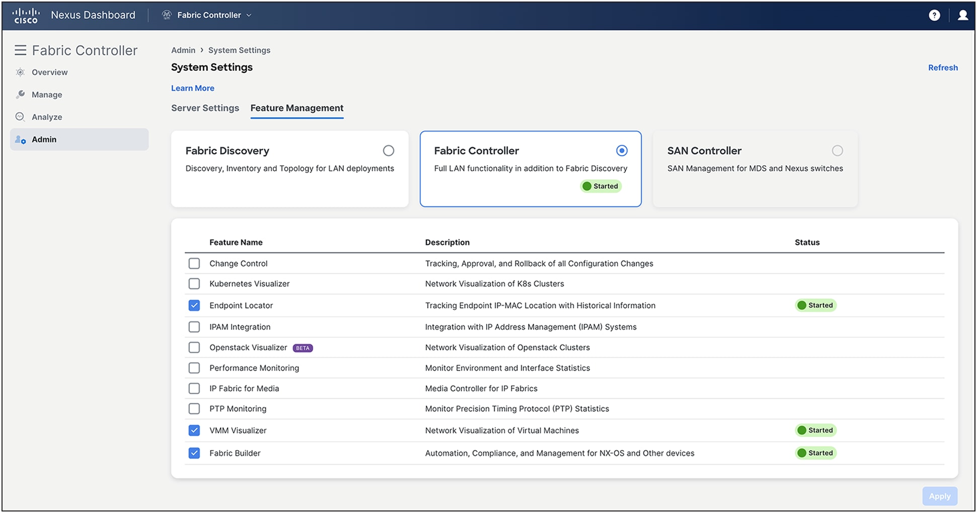 NDFC feature manager UI