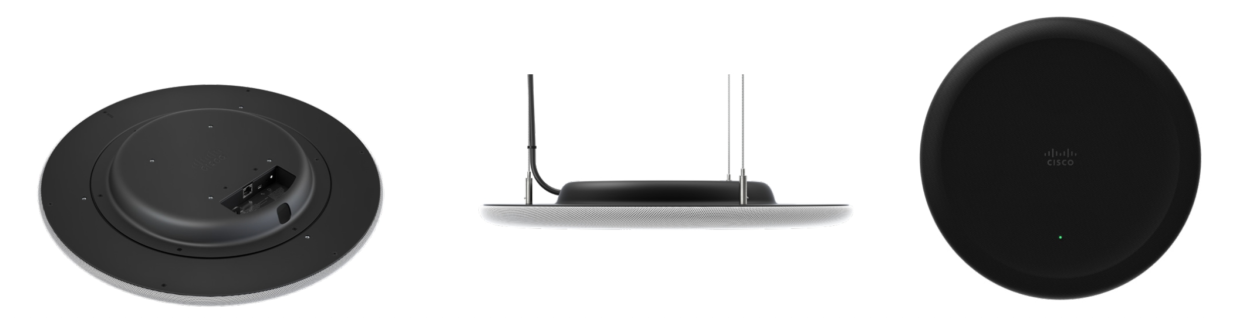 Ceiling Microphone Pro I/O area and rear panel, side view with wire hanging mount kit, and front grille with status LED.
